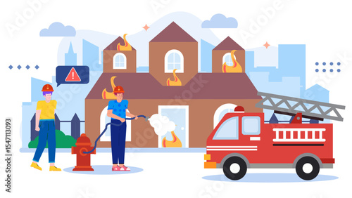 Firefighters fight house fire with firetruck and hydrant. Suitable for firefighting, emergency response, safety, and crisis management concepts.