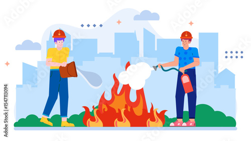 Two firefighters fight a city fire, using buckets and a fire extinguisher. Suitable for firefighting, emergency response, urban safety themes.