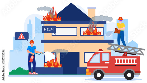 Two firefighters on duty, extinguishing a house fire with a firetruck and extinguisher. Suitable for firefighting or emergency services concepts.