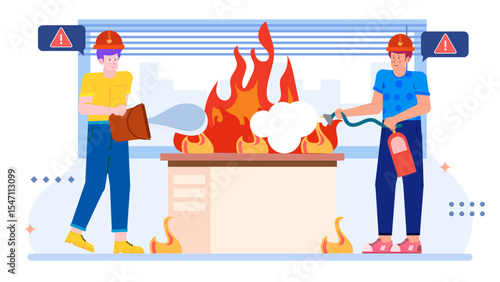 Two people using fire extinguishers to put out small office fire. Suitable for safety manuals, training material, and emergency response content.