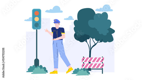 Policeman directing traffic near tree with barrier. Suitable for traffic safety awareness materials, city planning presentations, educational resources.