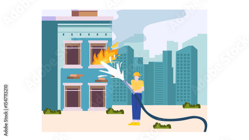 Firefighter putting out a city building fire. Suitable for emergency services, crisis management, urban safety, and firefighting concepts.