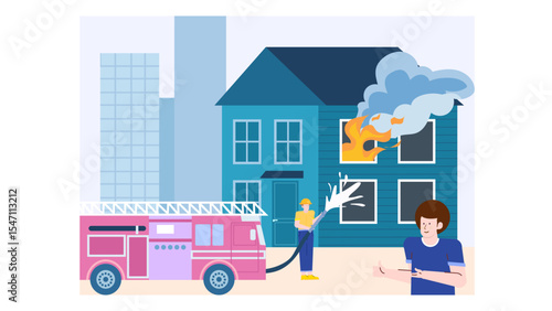 Firefighter saving house from fire with onlooker. Suitable for firefighting, emergency response, heroism, and disaster prevention concepts in marketing materials.