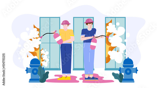 Two firefighters extinguish building fire with fire extinguishers. Suitable for firefighting, emergency response, safety training materials, or crisis management concepts.