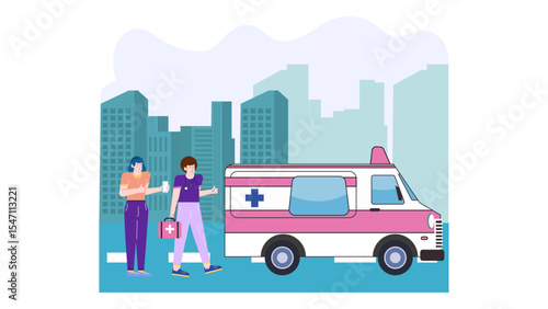 Two people wait near a pink city ambulance for medical help. Suitable for healthcare and emergency services concepts in design.