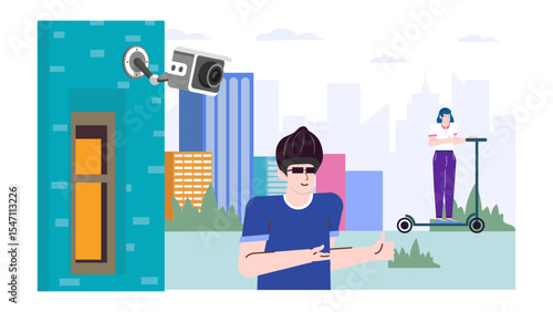 Security camera captures a couple on the city streets. Intrigue, urban surveillance, clandestine meeting, privacy violation themes. Crime prevention, city monitoring.