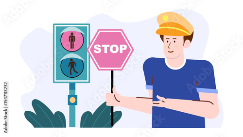 Crossing guard with stop sign by pedestrian light, ensuring safety. Safety, traffic, pedestrian, crosswalk, road, school, children, supervision.