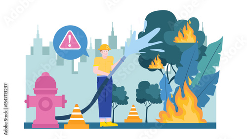 Firefighter putting out park fire with hydrant, suitable for fire safety awareness campaigns, public service announcements, and firefighting training materials.