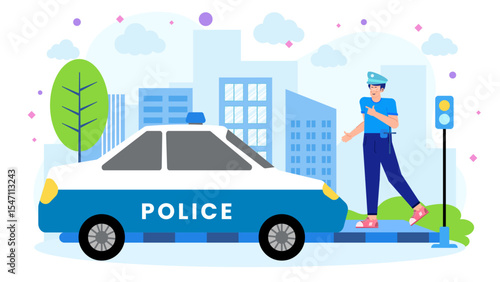 Police officer near patrol car in urban setting. Suitable for law enforcement, city safety, crime prevention designs for projects.