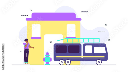 Person, firetruck, building, hydrant in urban setting. Suitable for firefighting, emergency response, city safety concepts in graphic design projects.