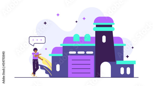 Person gestures towards stylized purple building, suitable for architectural concepts, real estate promotions, and innovative urban projects.