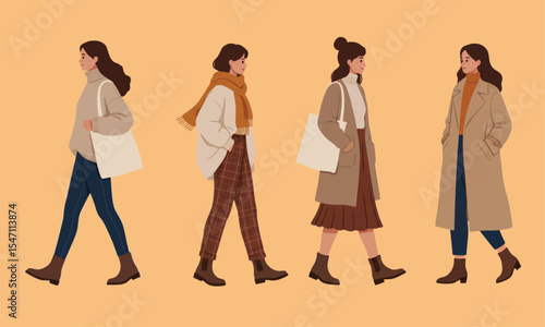 flat vector illustration of four women in fall or autumn fashion walking in side