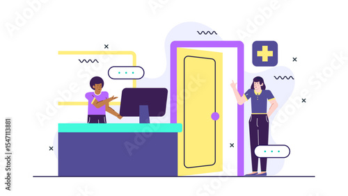 Woman at a clinic reception desk, suitable for medical healthcare facilities, hospital, patient check-in, appointments, healthcare administration, and receptionist services.
