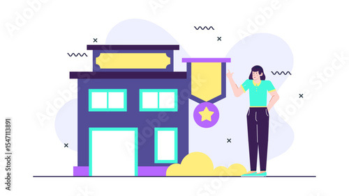Woman points to building award sign proudly, suitable for real estate or construction industry marketing materials, brochures, and websites.