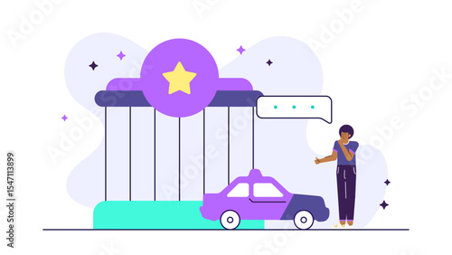 Person waits for a purple star rated ridesharing car. Perfect for transportation, mobile app, urban lifestyle, car service concepts.