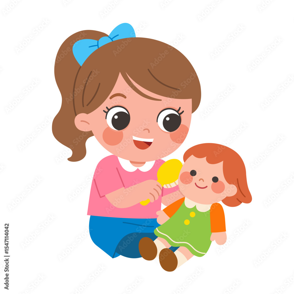 Cute little girl playing with her doll, brushing its hair with love and care in imaginative play. Cute little girl playing with her doll, brushing its hair with love and care in imaginative play.