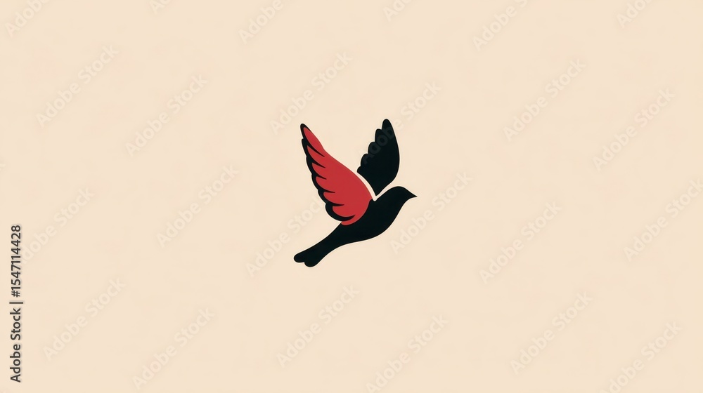 Fototapeta premium Freedom and Hope: A stylized black bird with one red wing soars gracefully, symbolizing freedom, hope, and the beauty of flight, with a touch of artistic flair.