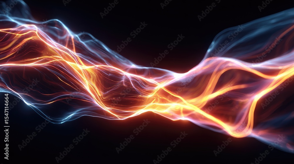 Fototapeta premium Abstract design of glowing, flowing lines in orange and blue.