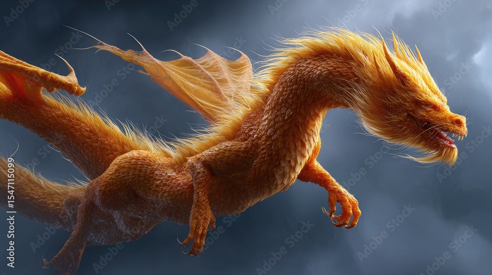 Fototapeta premium A magnificent golden dragon soars through a cloudy sky.