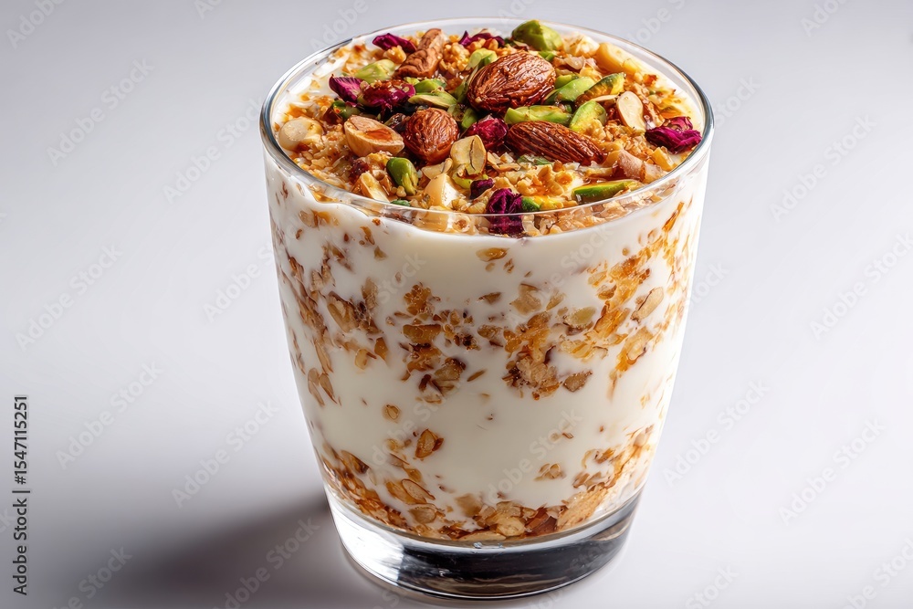 A glass of yogurt parfait topped with granola and nuts. A glass of yogurt parfait topped with granola and nuts.