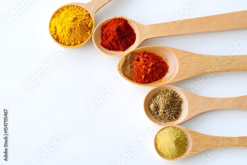 Fototapeta Naklejka Na Ścianę i Meble -  Assortment of spices in wooden spoons on white background