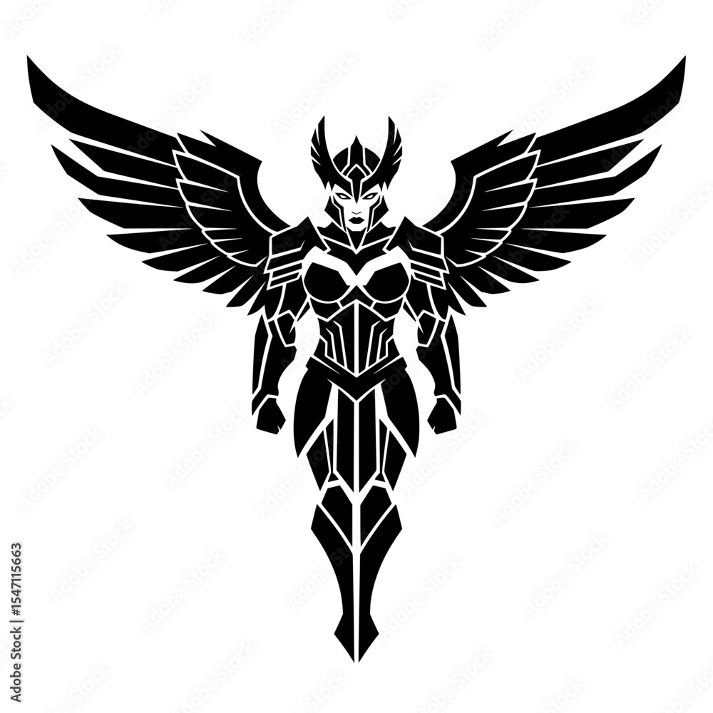 Fototapeta premium Detailed, futuristic/fantasy black vector illustration, featuring a winged warrior figure in intricate armor.