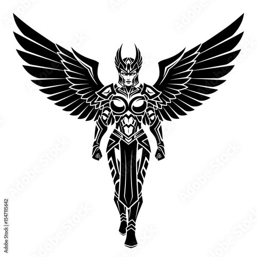Detailed, futuristic/fantasy black vector illustration, featuring a winged warrior figure in intricate armor.