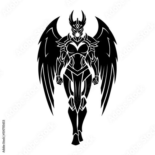 Detailed, futuristic/fantasy black vector illustration, featuring a winged warrior figure in intricate armor.
