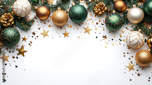 Fototapeta Naklejka Na Ścianę i Meble -  Elegant christmas background with gold stars and baubles on white surface top view ready for text