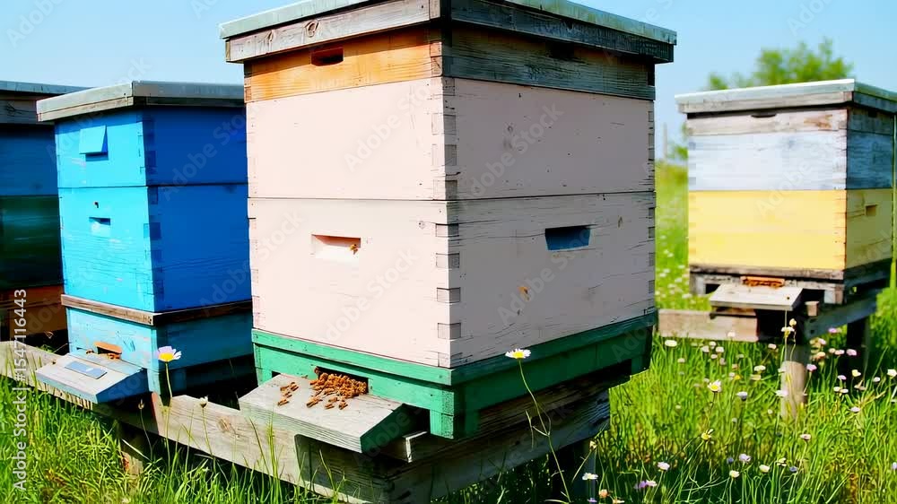 Close-up shot of Colorful Beehives in a Verdant Meadow under a Sunny Sky, Enhancing Honey Production Close-up shot of Colorful Beehives in a Verdant Meadow under a Sunny Sky, Enhancing Honey Production