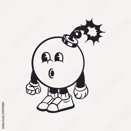 Bomb character, retro line illustration vector