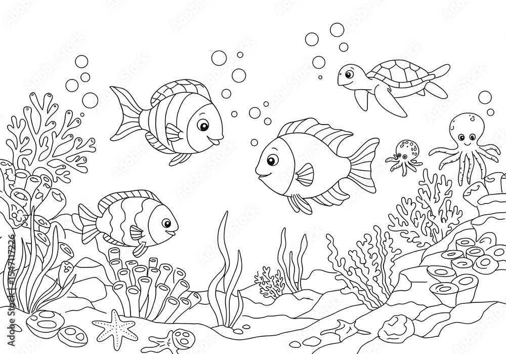Fototapeta premium Coloring pages. cartoon the enchanting marine world with ocean theme coloring page. easy coloring page for kids. ready to print on standard A4 or 8.5x11 inch paper.
