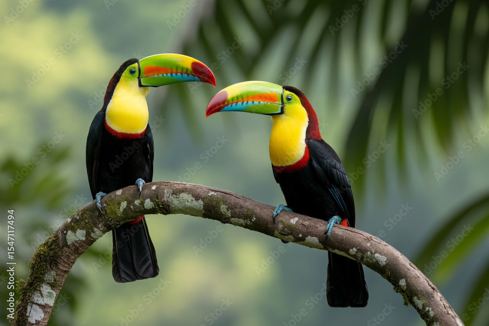 Fototapeta premium Toucans in Paradise: A stunning pair of vibrant toucans, with their distinctive colorful beaks, perched together on a tree branch, surrounded by lush green foliage.