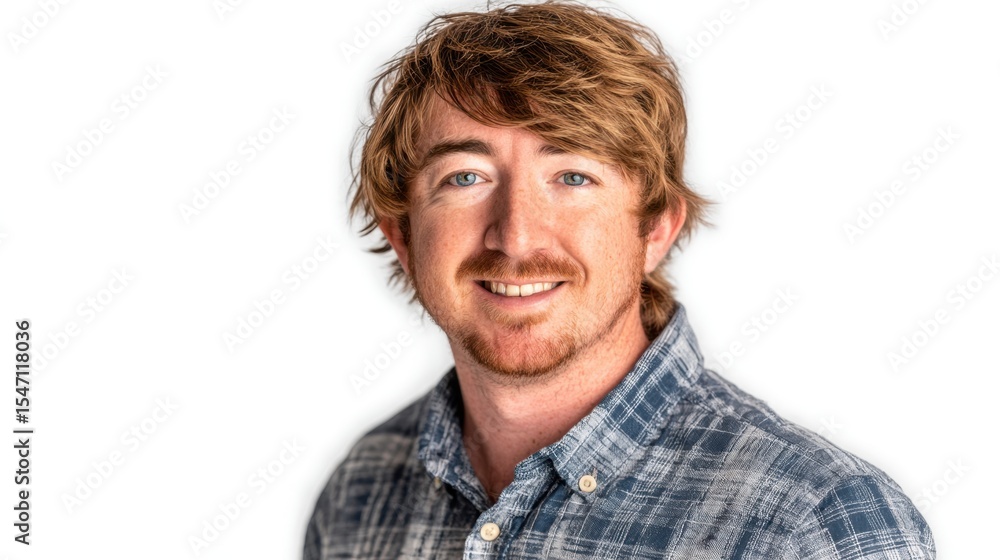Smiling Man Portrait: A friendly man with light brown curly hair and a cheerful smile, wearing a blue plaid shirt. Smiling Man Portrait: A friendly man with light brown curly hair and a cheerful smile, wearing a blue plaid shirt.