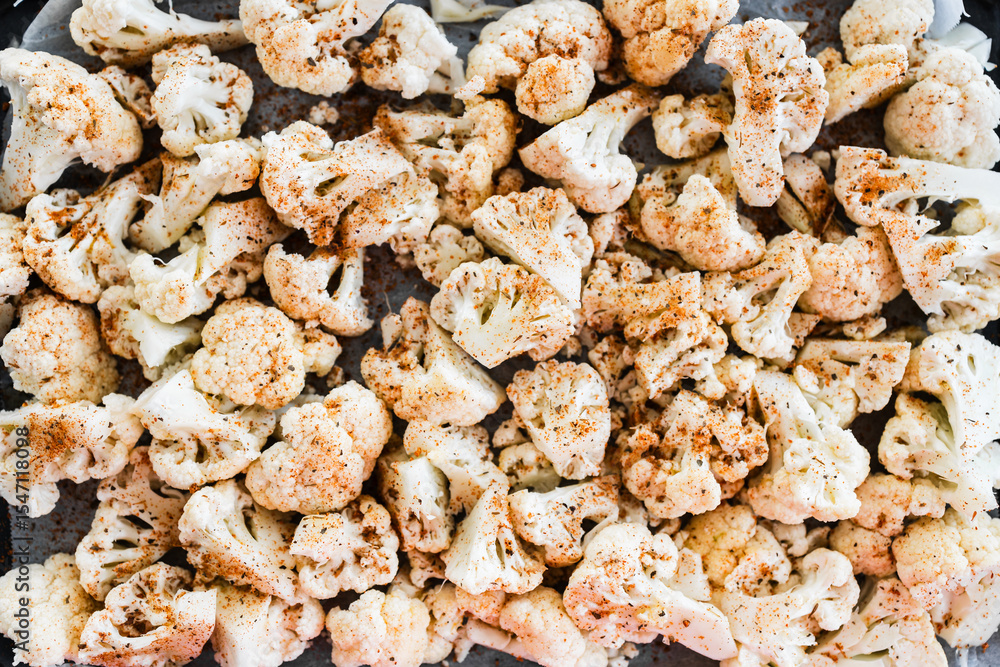 chopped cauliflower with spices on baking tray ready for roasting chopped cauliflower with spices on baking tray ready for roasting