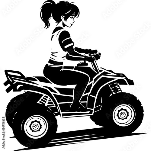 Sketchy sport emblem of Cute girl slowly riding quad bike side view. Engraving minimalistic vector in black ink drawing on transparent background