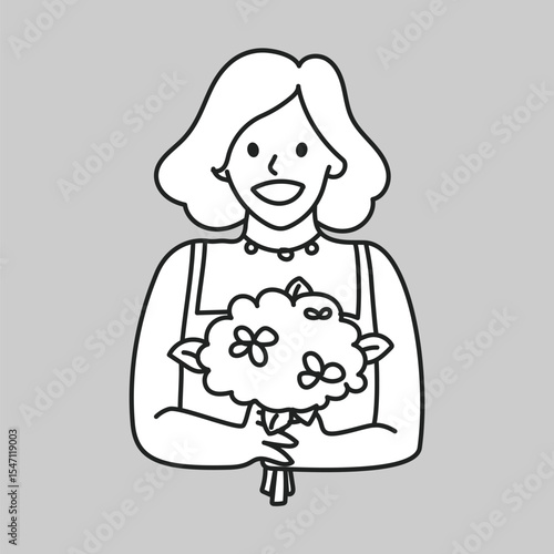 Woman with flower bouquet line drawing vector