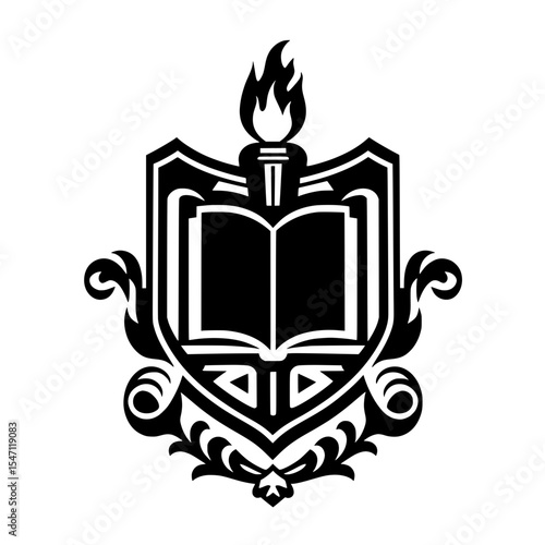 Formal Academic Shield Logo with Elegant Book and Torch