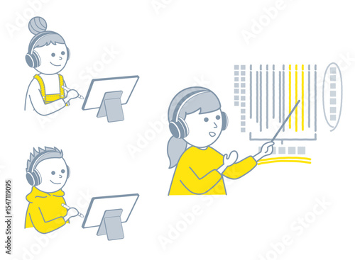 オンライン授業　授業をする先生とタブレットを使って勉強する男の子と女の子