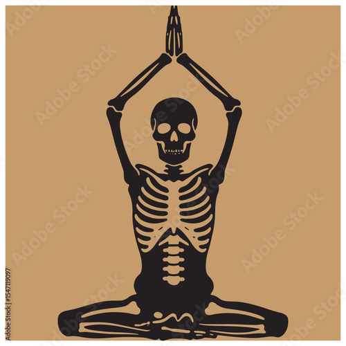 Black silhouette skeleton practicing yoga in lotus position with arms raised above the head