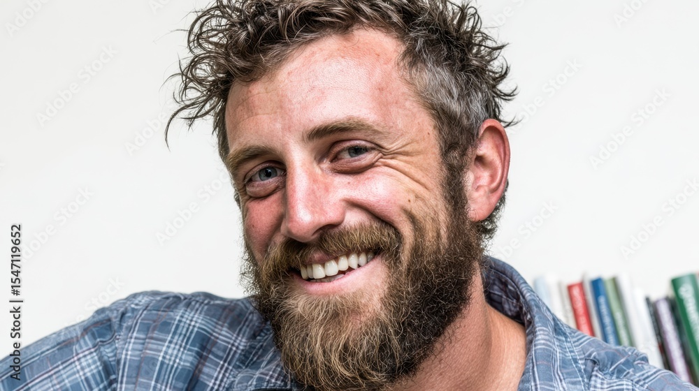 Obraz premium Smiling Man with Curly Hair and a Beard: A captivating portrait of a man with a full, well-groomed beard and textured, curly hair, captured in a close-up shot showcasing his confident and warm smile.
