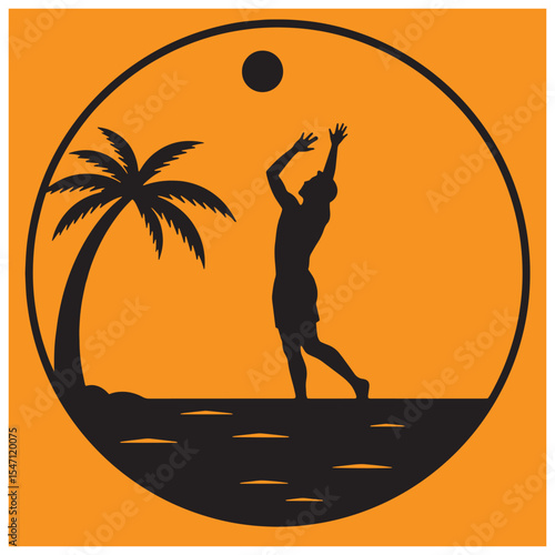 Silhouette of a beach volleyball player spiking the ball near a palm tree at sunset