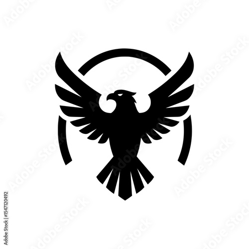 A strong and dynamic black vector logo featuring the silhouette of an eagle or bird of prey with wings spread wide, set within a broken circle frame.