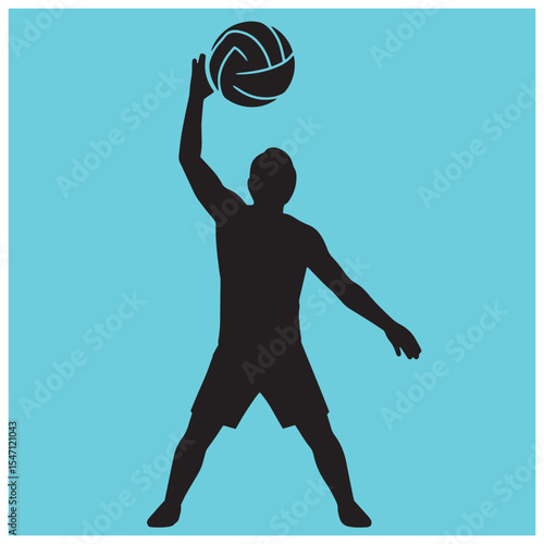 Silhouette of a volleyball player preparing to serve with blue background and white border