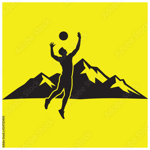 Silhouette of a volleyball player spiking a ball with mountains in the background