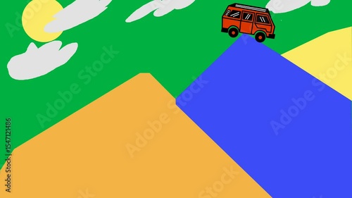 Red Van Driving on Abstract Colorful Hills with Sky and Clouds Animation