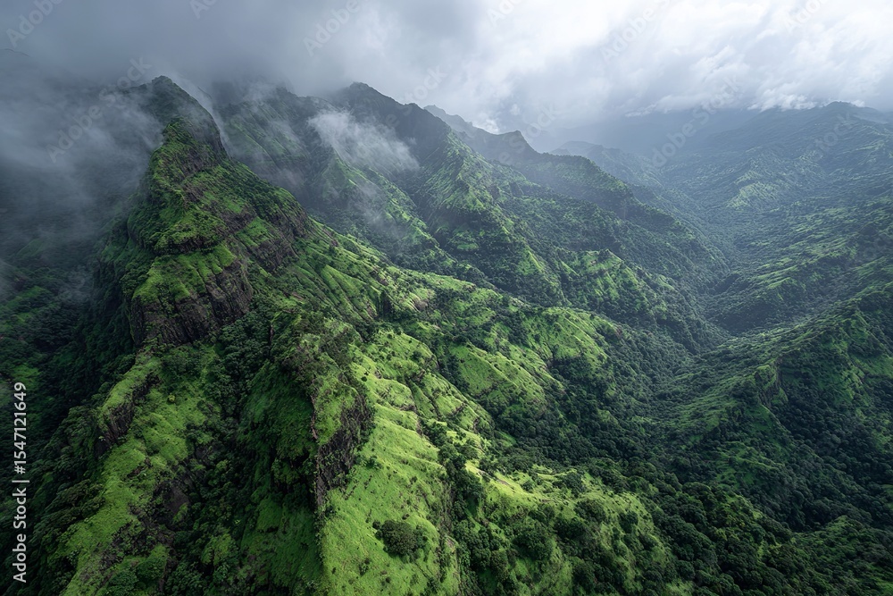 Fototapeta premium Aerial View of Lush Green Jungle Mountains Enveloped in Mist