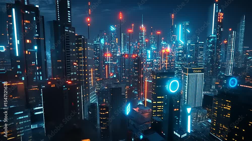 Futuristic city skyline at night with glowing neon lights and advanced architecture, bustling with energy Futuristic city skyline at night with glowing neon lights and advanced architecture, bustling with energy