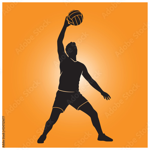 Silhouette of volleyball player preparing to serve the ball with orange gradient background