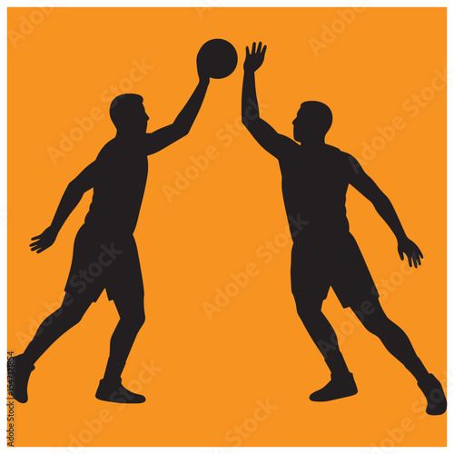 Silhouetted basketball players in action reaching for ball on orange background